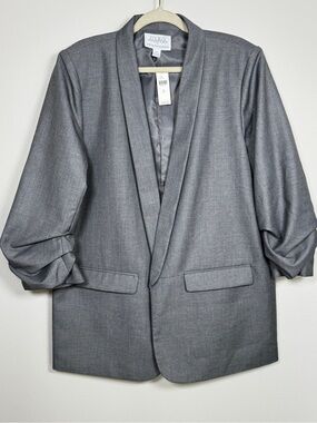Anthropologie Maeve Gray Open Front Blazer XL NWT Ruched Sleeve Career Jacket